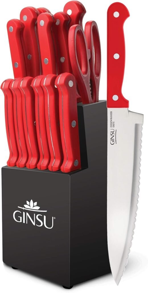 Ginsu Kiso 14-Piece Purple Knife Set with Black Block - Dishwasher Safe and Always Sharp