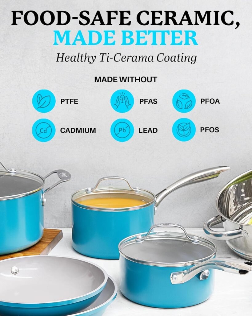 Gotham Steel 20 Piece Pots and Pans Set Nonstick Cookware Set, Pot and Pan Set, Kitchen Cookware Sets, Ceramic Cookware Set, Ceramic Pots and Pans Set, Pot Set, Dishwasher Safe, Aqua Blue