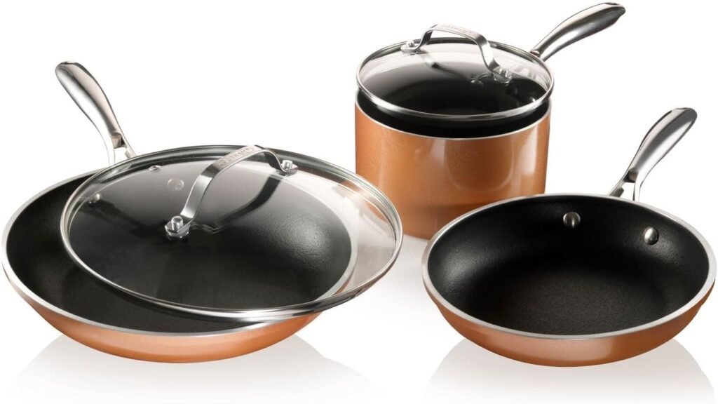 Gotham Steel 5 Pc Copper Pots and Pans Set Non Stick Cookware Set, Kitchen Cookware Sets, Pot and Pan Set, Pot Set, Non Toxic Cookware Set, Frying Pan Set, Saucepan Set, Pots Set, Dishwasher Safe