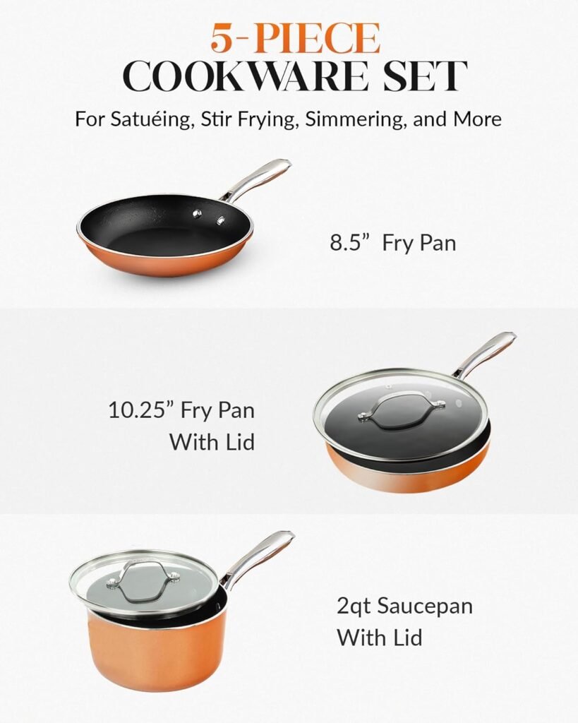 Gotham Steel 5 Pc Copper Pots and Pans Set Non Stick Cookware Set, Kitchen Cookware Sets, Pot and Pan Set, Pot Set, Non Toxic Cookware Set, Frying Pan Set, Saucepan Set, Pots Set, Dishwasher Safe