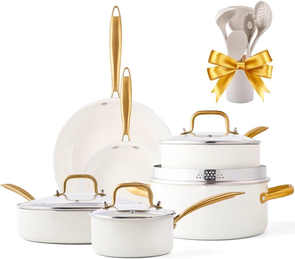 Granite Nonstick Cookware Set - Kitchen Pots and Pans With Dutch Oven, Frying Pan, Saucepan, Sauté Pan, Utensils - Gold Cookware Gifts