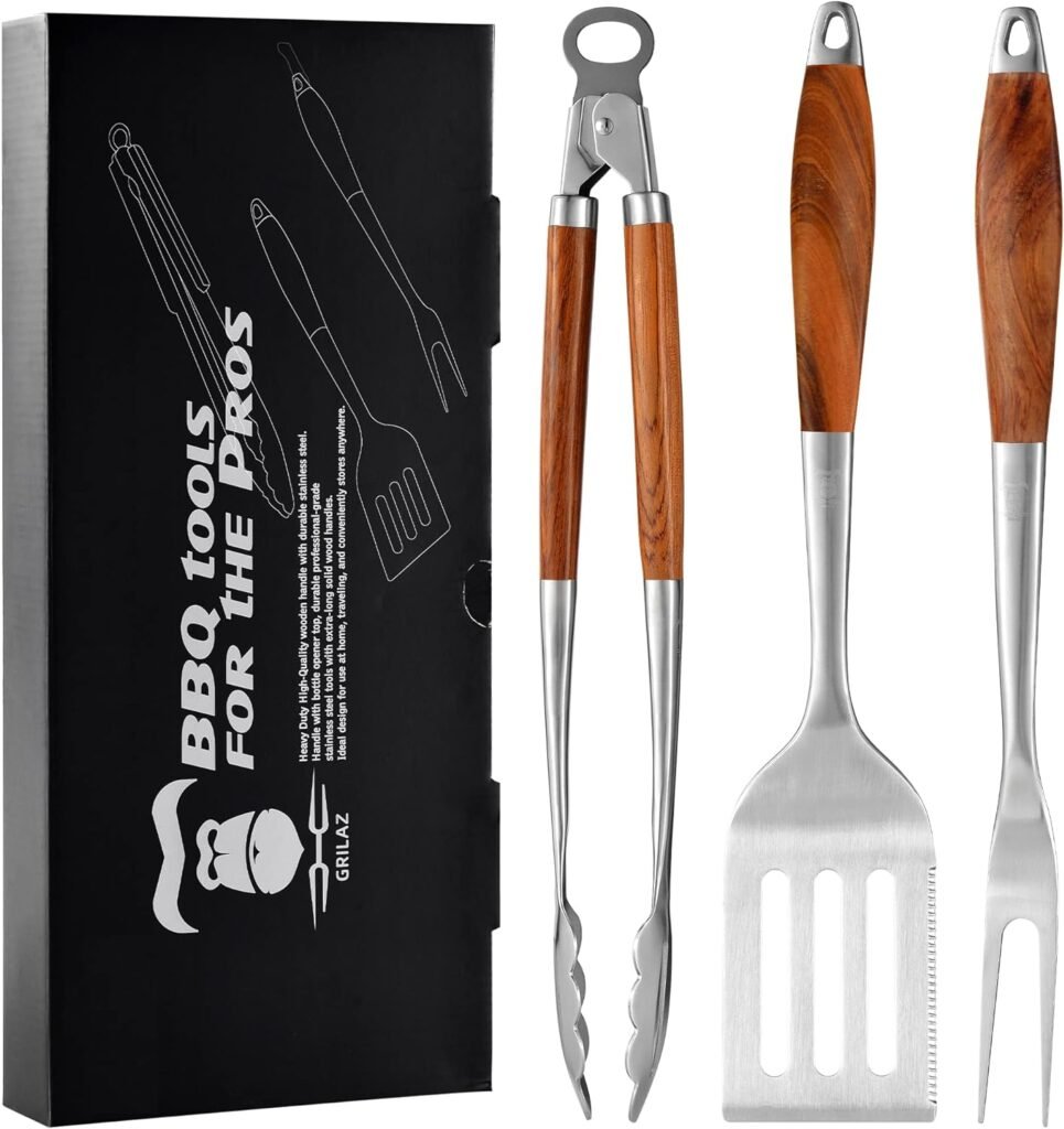 GRILAZ Heavy-Duty Rose Wooden BBQ Grilling Tools Set. Extra Thick Stainless Steel Multi-Function Spatula, Fork  Tongs | Essential Accessories for Barbecue  Grill. Ideal Gift for Father