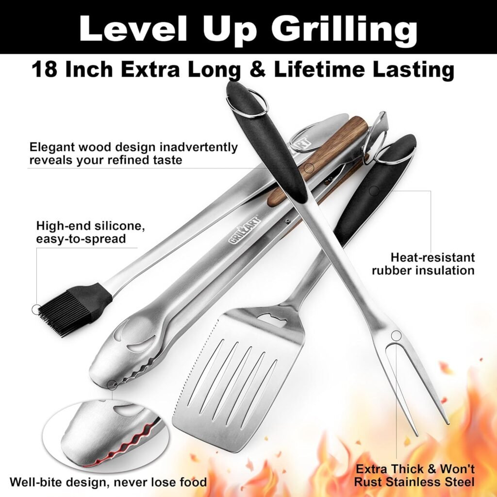 GRILLART BBQ Tools Grill Tools Set - 18Inch Grilling Tools BBQ Set - Grill Accessories w/BBQ Tongs, Spatula, Fork, Brush - Stainless Grill Kit Grilling Set - Gift Ideas BBQ Accessories, Gifts for Men