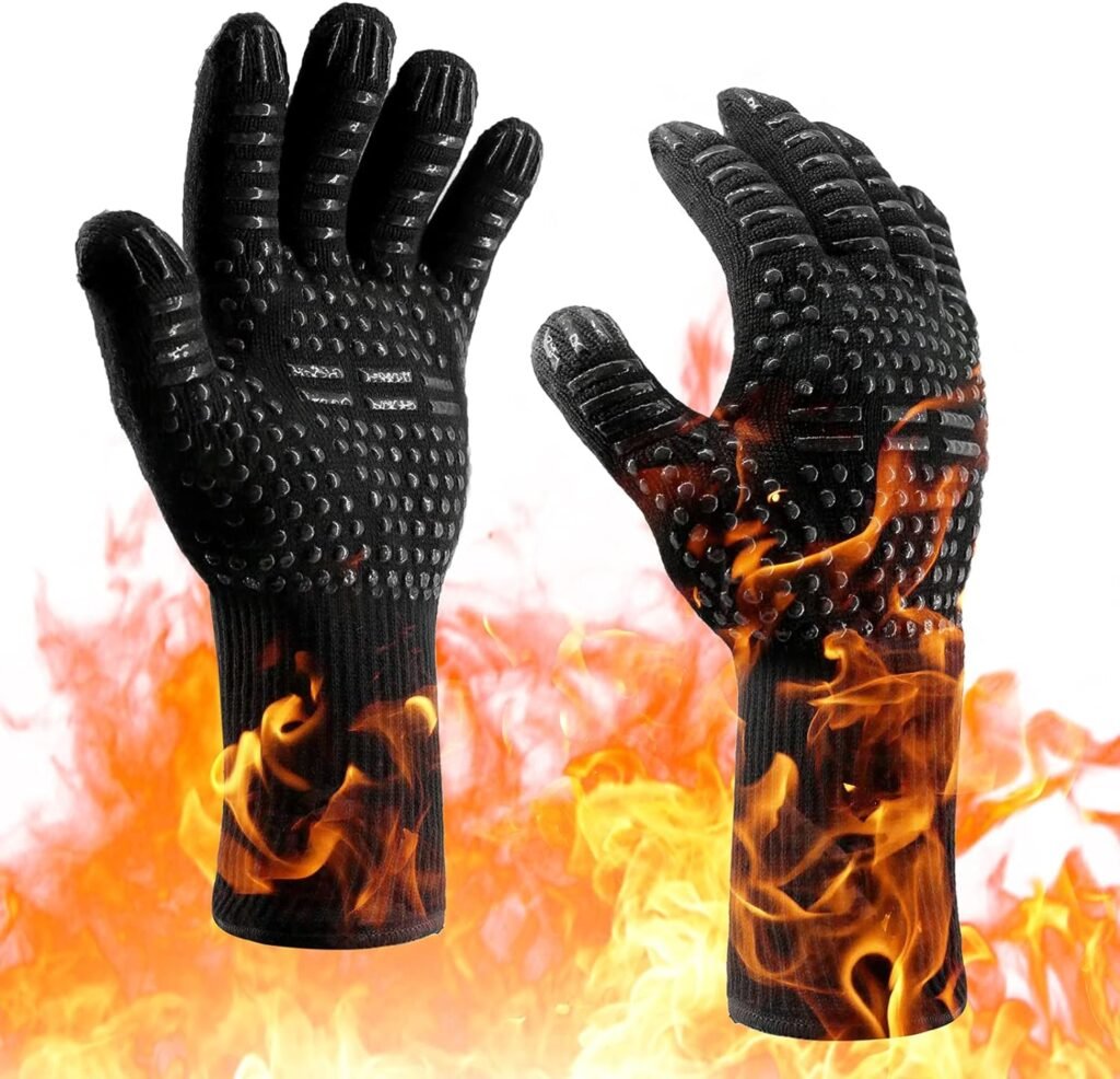 Heat Resistant BBQ Gloves for Hot Temperature Cooking, Barbecue Grilling or Baking Bread Pizza, Safe Oven Mittens with Fingers