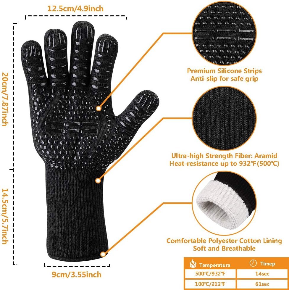 Heat Resistant BBQ Gloves for Hot Temperature Cooking, Barbecue Grilling or Baking Bread Pizza, Safe Oven Mittens with Fingers