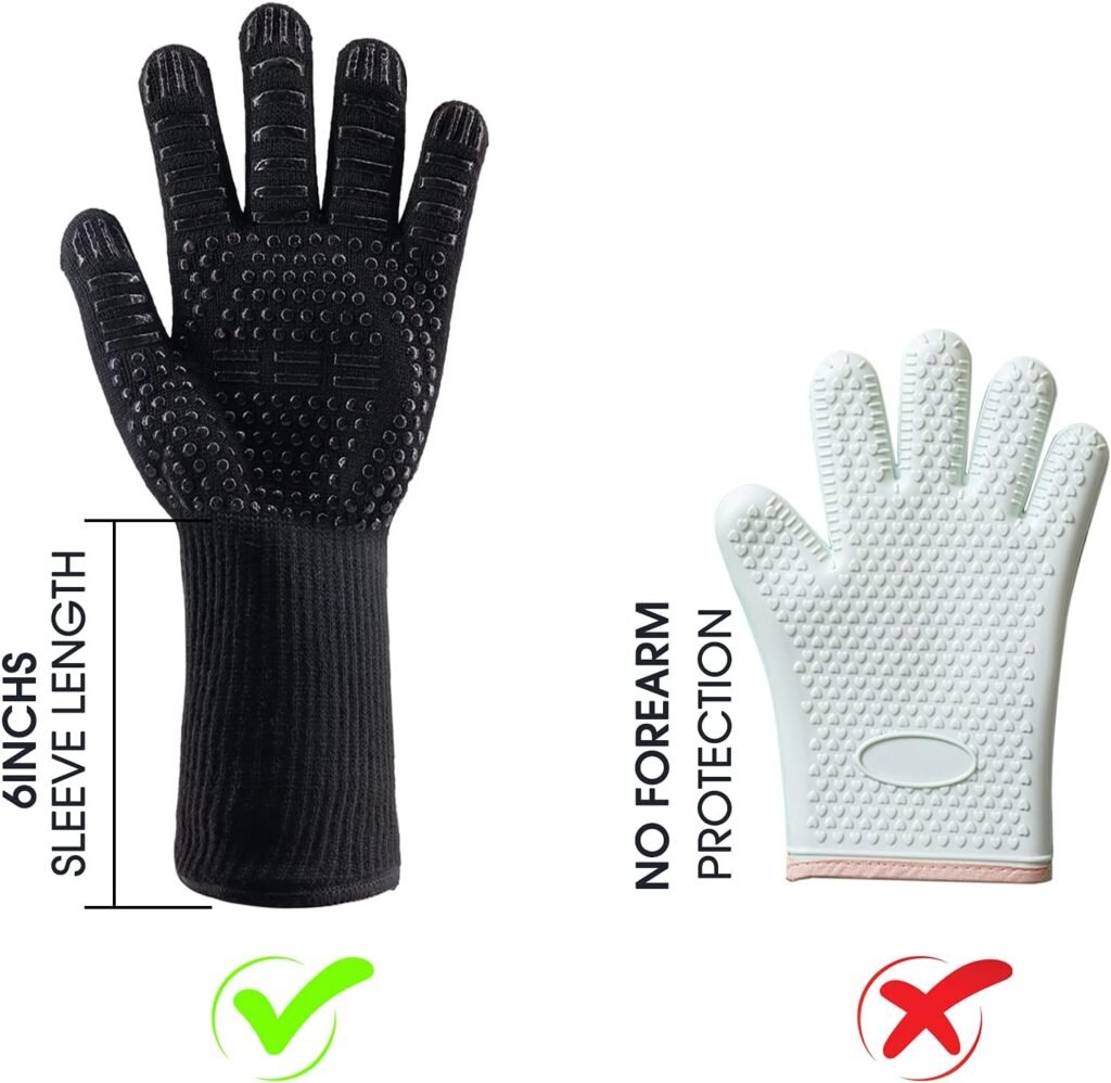 Heat Resistant BBQ Gloves for Hot Temperature Cooking, Barbecue Grilling or Baking Bread Pizza, Safe Oven Mittens with Fingers