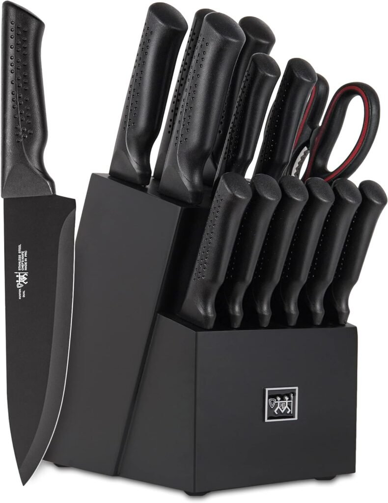 Hundop knife set, 15 Pcs Black knife sets for kitchen with block Self Sharpening, Dishwasher Safe, 6 Steak Knives, Anti-slip handle