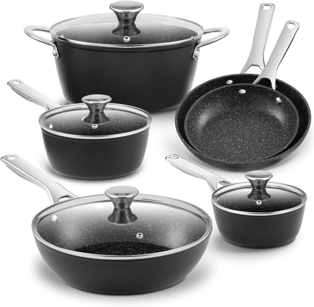 Induction Cookware Nonstick, BEZIA Pots and Pans Set for Induction Cooktop, Compatible with All Stoves, Dishwasher Safe Kitchen Cooking Pan Set with Frying Pans, Saucepans  Stockpot, 10-Piece