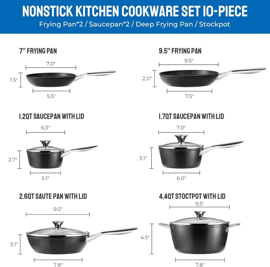 Induction Cookware Nonstick, BEZIA Pots and Pans Set for Induction Cooktop, Compatible with All Stoves, Dishwasher Safe Kitchen Cooking Pan Set with Frying Pans, Saucepans  Stockpot, 10-Piece