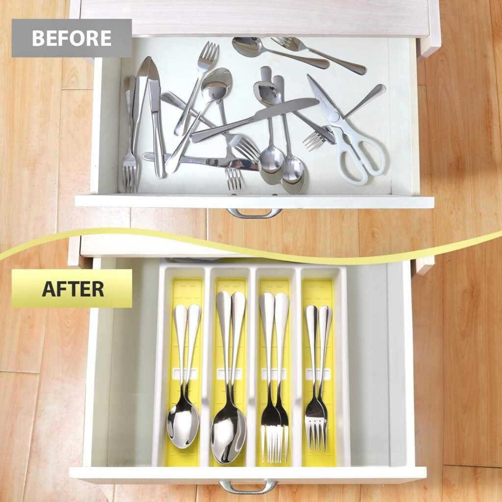 Joequality Silverware Organizer with Icons，Plastic Cutlery silverware Tray for Drawer，Utensil Flatware Tableware Organizer for Kitchen with Non-slip TPR,Fits Oversized Drawer,6-Compartment,Yellow