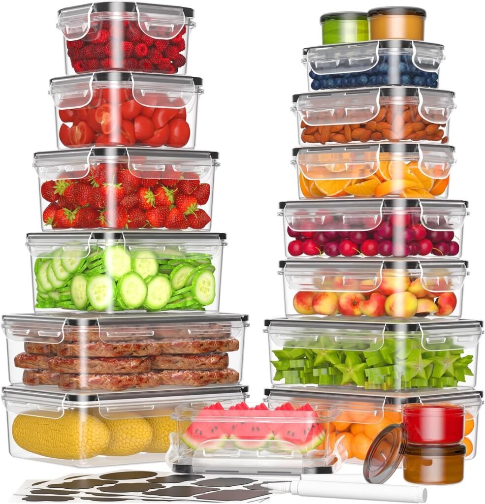 KEMETHY 36-Piece Food Storage Containers with Lids(18 Containers  18 Lids), Plastic Food Containers for Pantry  Kitchen Storage and Organization, BPA-Free, Leak Proof, Reusable with Labels  Pen