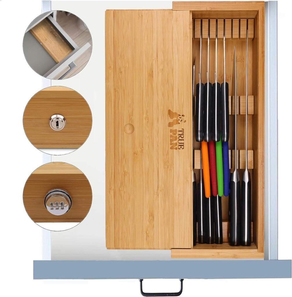 Kid Safe In-Drawer Bamboo Sharp Knives Holder  Organizer. (Knives Not Included). Multi Purpose Lock Box. Only 5.5 Inches Wide. Holds up tp 25 Knives. Best Knife Block Alternative!