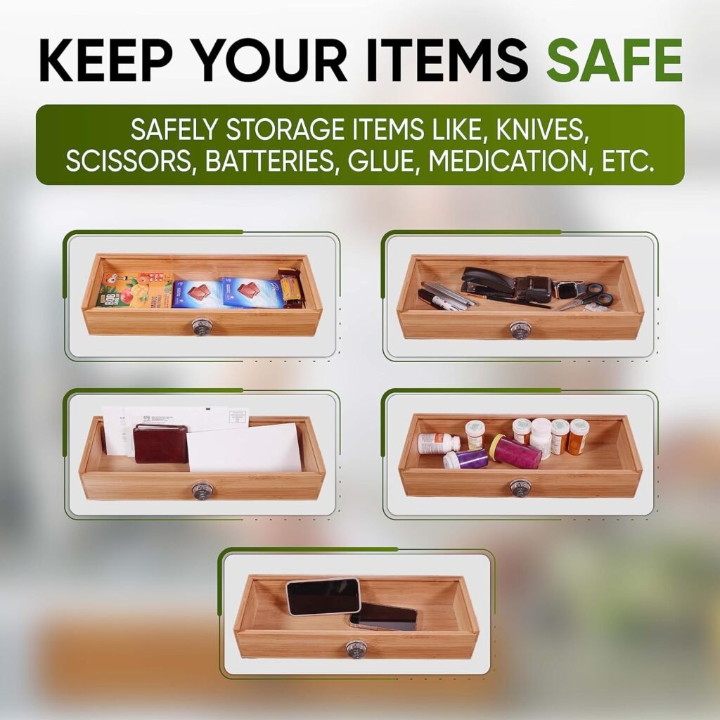 Kid Safe In-Drawer Bamboo Sharp Knives Holder  Organizer. (Knives Not Included). Multi Purpose Lock Box. Only 5.5 Inches Wide. Holds up tp 25 Knives. Best Knife Block Alternative!