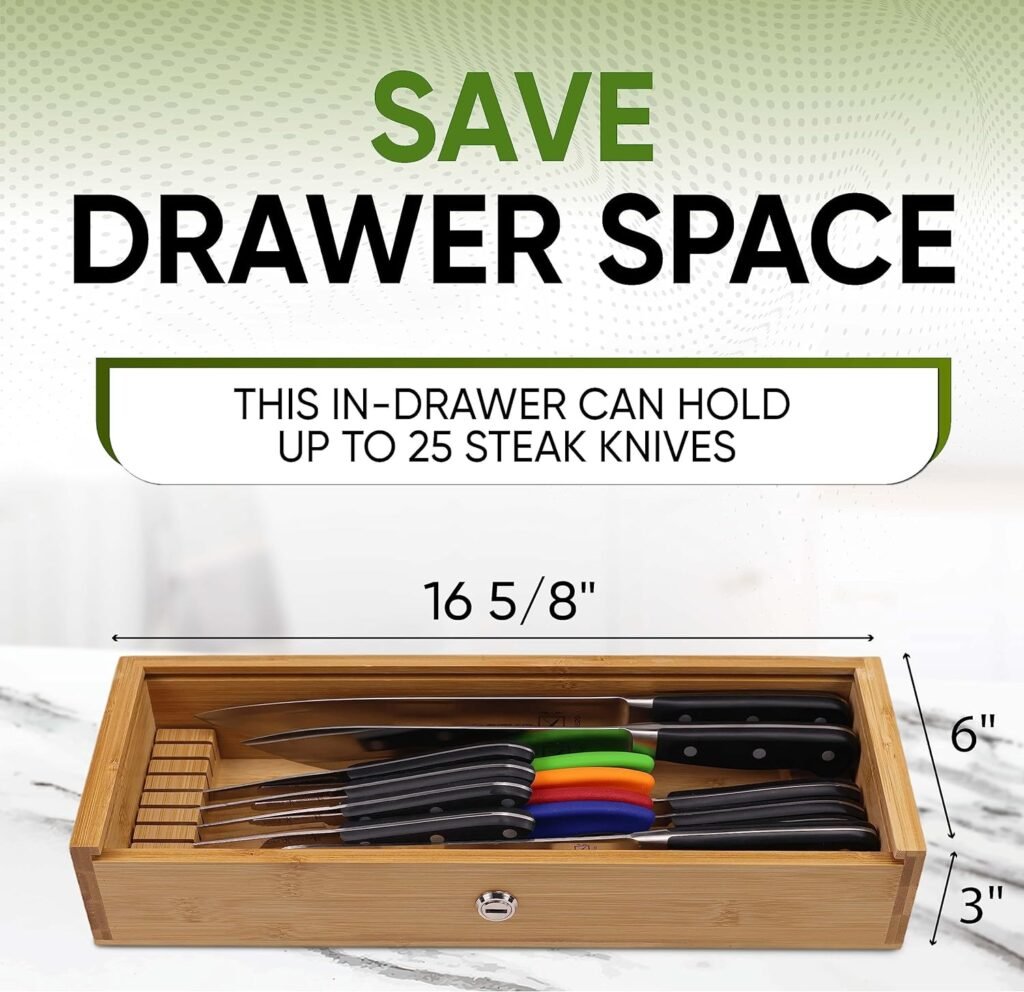 Kid Safe In-Drawer Bamboo Sharp Knives Holder  Organizer. (Knives Not Included). Multi Purpose Lock Box. Only 5.5 Inches Wide. Holds up tp 25 Knives. Best Knife Block Alternative!