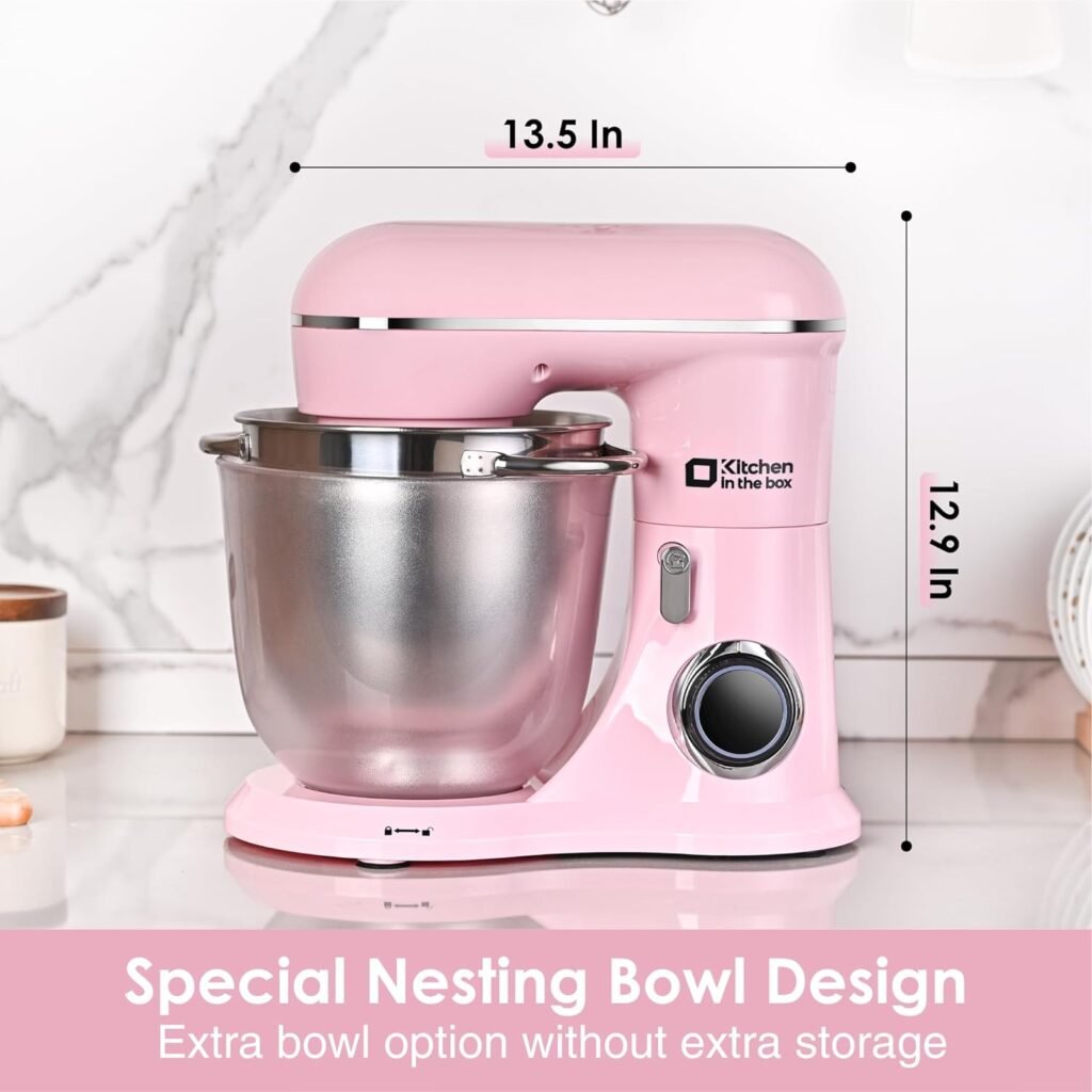 Kitchen in the box Stand Mixer, 4.5QT+5QT Two bowls Electric Food Mixer, 10 Speeds 3-IN-1 Kitchen Mixer for Daily Use with Egg Whisk,Dough Hook,Flat Beater (Pink)