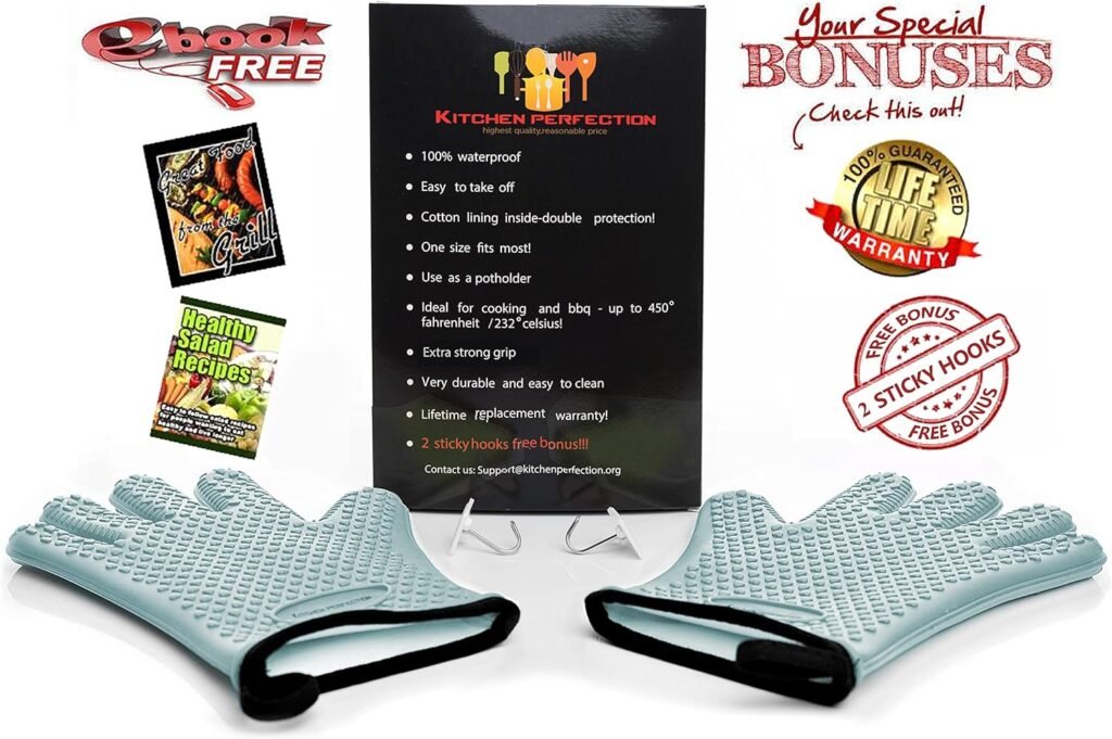 KITCHEN PERFECTION Silicone Smoker Oven Gloves -Extreme Heat Resistant BBQ Gloves -Handle Hot Food Right on Your Grill Fryer Pit|Waterproof Oven Mitts |Superior Value Set+3 Bonuses