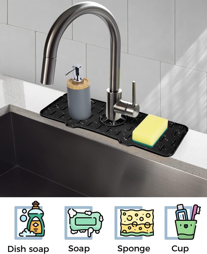 Kitchen Sink Splash Guard - Silicone Faucet Handle Drip Catcher Tray, Dish Soap Dispenser and Sponge Holder Mat Behind Faucet, Kitchen Guard Gadgets Sink Accessories for Kitchen Counter and Bathroom