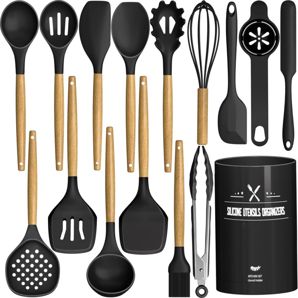 Kitchen Utensils Set, AIKKIL16 Pcs Cooking Utensils Set with Holder, Heat Resistance, Black Wooden Handle Silicone Kitchen Gadgets Utensil Set for Nonstick Cookware