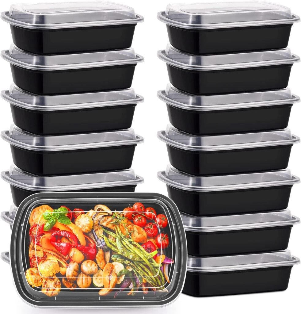 Kitch’nMore 38oz Meal Prep Containers, Extra Large Thick Food Storage Containers with Lids, Reusable Plastic,Disposable Bento Box,Stackable,Microwave/Freezer/Dishwasher Safe, BPA Free (30Pack)