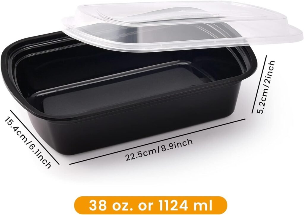 Kitch’nMore 38oz Meal Prep Containers, Extra Large Thick Food Storage Containers with Lids, Reusable Plastic,Disposable Bento Box,Stackable,Microwave/Freezer/Dishwasher Safe, BPA Free (30Pack)