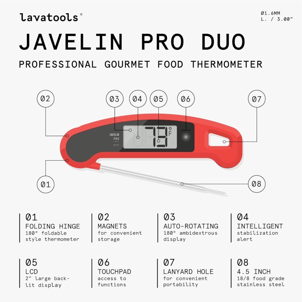 Lavatools PX1D Javelin PRO Duo Ultra Fast Professional Digital Instant Read Meat Thermometer for Grill and Cooking, 4.5 Probe, Auto-Rotating Backlit Display, Splash Resistant – Sambal