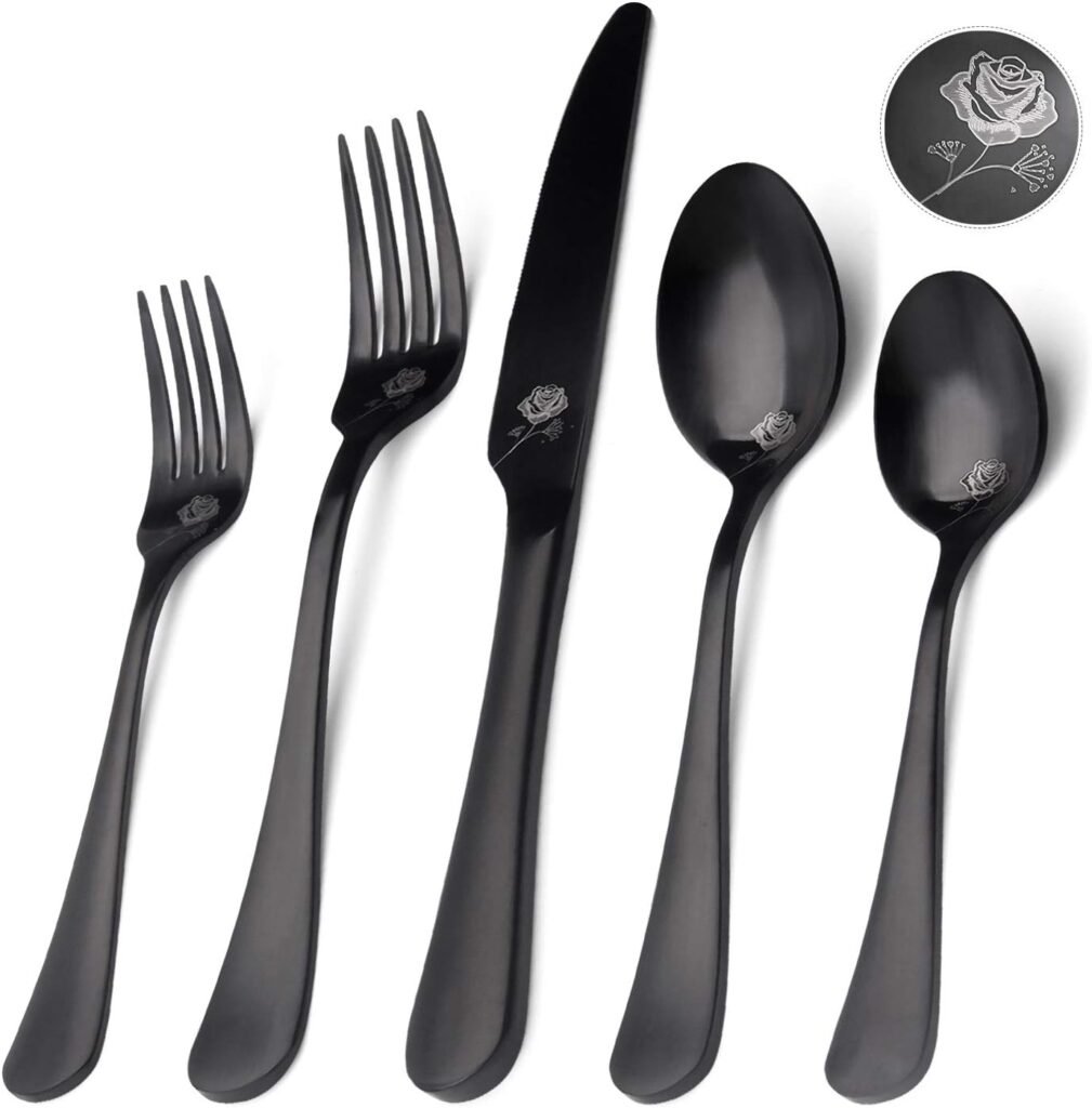 Matte Black Silverware Set , Satin Finish 20-Piece Stainless Steel Flatware Set,Kitchen Utensil Set Service for 4,Tableware Cutlery Set for Home and Restaurant, Dishwasher Safe