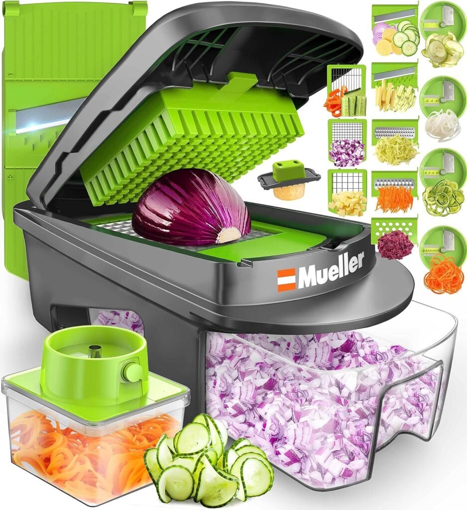 Mueller Pro-Series All-in-One, 12 Blade Vegetable Chopper, Mandoline Slicer for Kitchen, Vegetable Slicer and Spiralizer, Cutter, Dicer, Food Chopper, Grater, Kitchen Gadgets Sets with Container