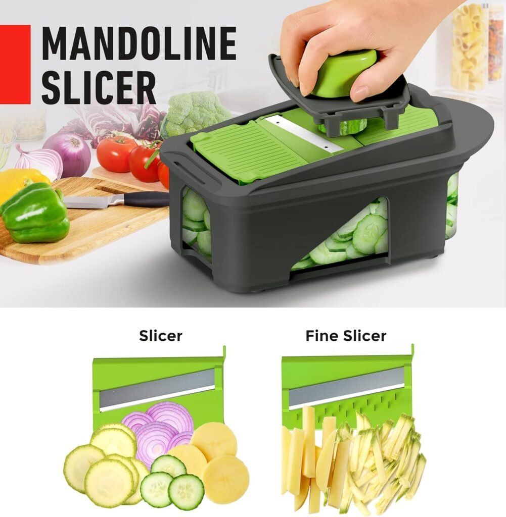 Mueller Pro-Series All-in-One, 12 Blade Vegetable Chopper, Mandoline Slicer for Kitchen, Vegetable Slicer and Spiralizer, Cutter, Dicer, Food Chopper, Grater, Kitchen Gadgets Sets with Container