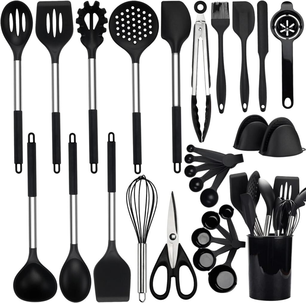 NCUE Cooking Utensils Set, 28 Pcs Silicone Kitchen Utensils Set with Holder, Silicone Whisk, Spatulas, Scissors, Measuring Cups and Spoons Set with Stainless Steel Handle Kitchen Gadgets (Khaki)