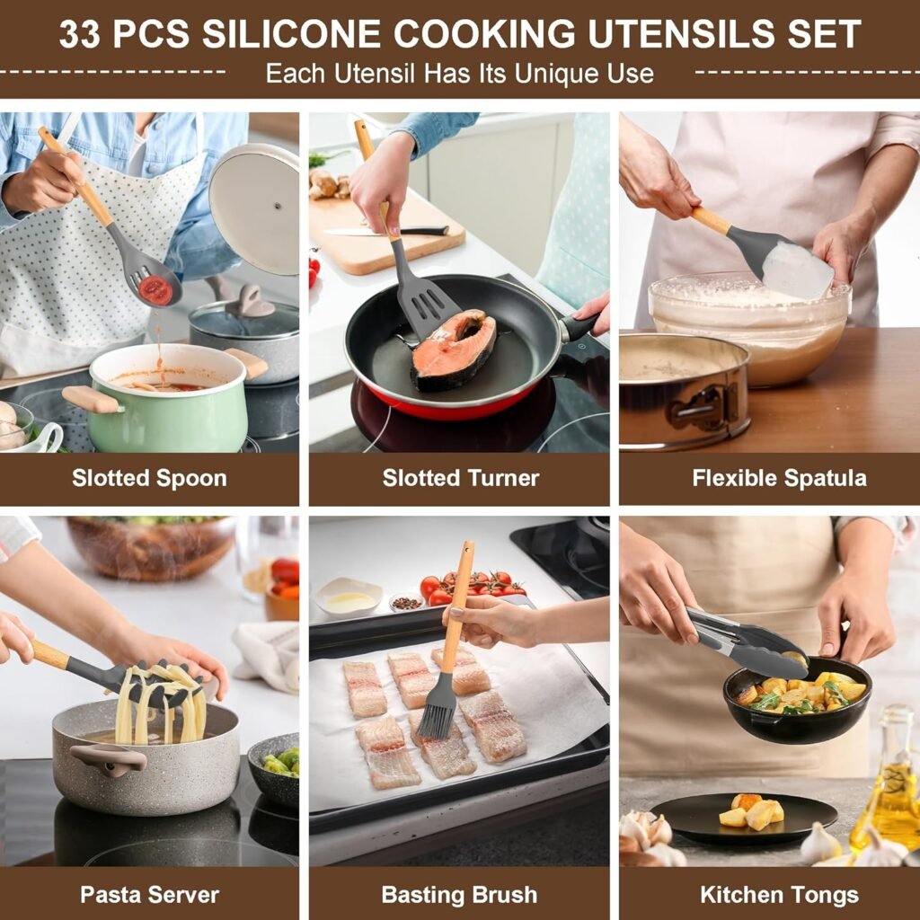 Oridom Silicone Kitchen Utensils Set, 33 Pcs Food Grade Silicone Cooking Utensils Set With Holder, Wooden Handle Silicone Utensil Sets Heat Resistant Spatula Gadgets for Nonstick Cookware, Grey