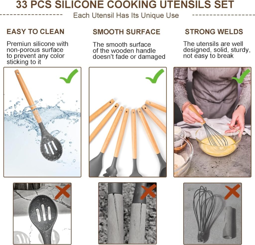 Oridom Silicone Kitchen Utensils Set, 33 Pcs Food Grade Silicone Cooking Utensils Set With Holder, Wooden Handle Silicone Utensil Sets Heat Resistant Spatula Gadgets for Nonstick Cookware, Grey