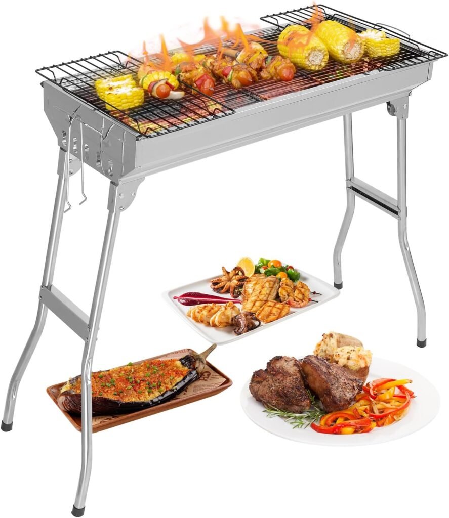 Outvita Portable Charcoal Grill, 28x 13 x 27 Foldable Barbecue Grill, Stainless Steel BBQ Grill for Outdoor Cooking Camping Hiking Picnic Garden Beach Party