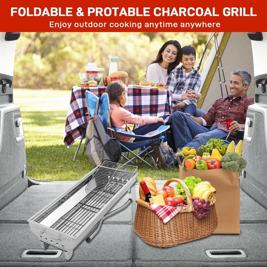 Outvita Portable Charcoal Grill, 28x 13 x 27 Foldable Barbecue Grill, Stainless Steel BBQ Grill for Outdoor Cooking Camping Hiking Picnic Garden Beach Party