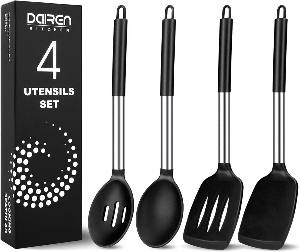 Pack of 4 Large Silicone Cooking Spatulas and Spoons, Slotted and Solid Stainless Steel Cooking Utensils Set, Non-stick Heat Resistant Kitchen for Baking, Fried, Stir-Fry, Mixing, Serving (Black)