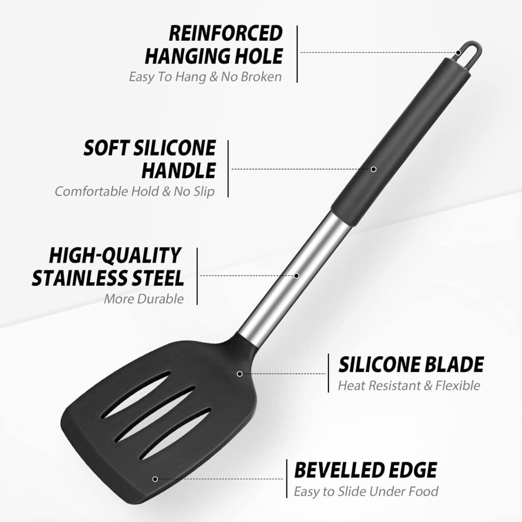 Pack of 4 Large Silicone Cooking Spatulas and Spoons, Slotted and Solid Stainless Steel Cooking Utensils Set, Non-stick Heat Resistant Kitchen for Baking, Fried, Stir-Fry, Mixing, Serving (Black)