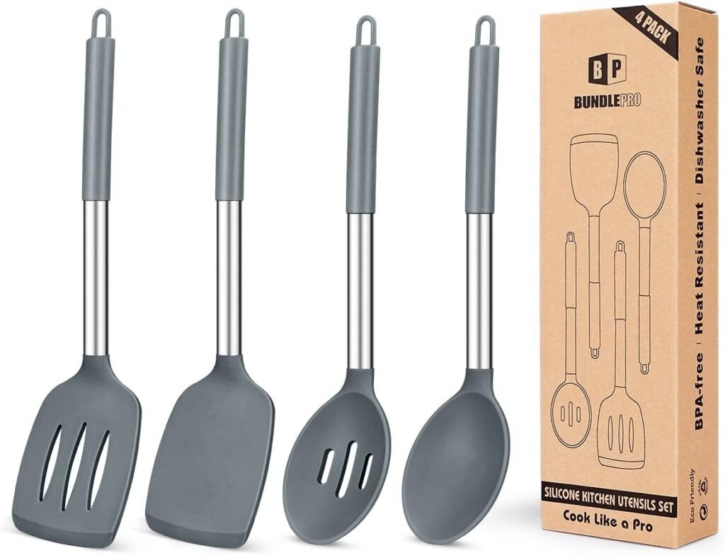 Pack of 4 Silicone Cooking Utensils Set, Non Stick Large Solid Spatulas, Heat Resistant Gray Slotted Spoons, Ideal BPA Free Kitchen Turners for Frying, Mixing,Serving,Draining,Turning,Stirring: Home  Kitchen