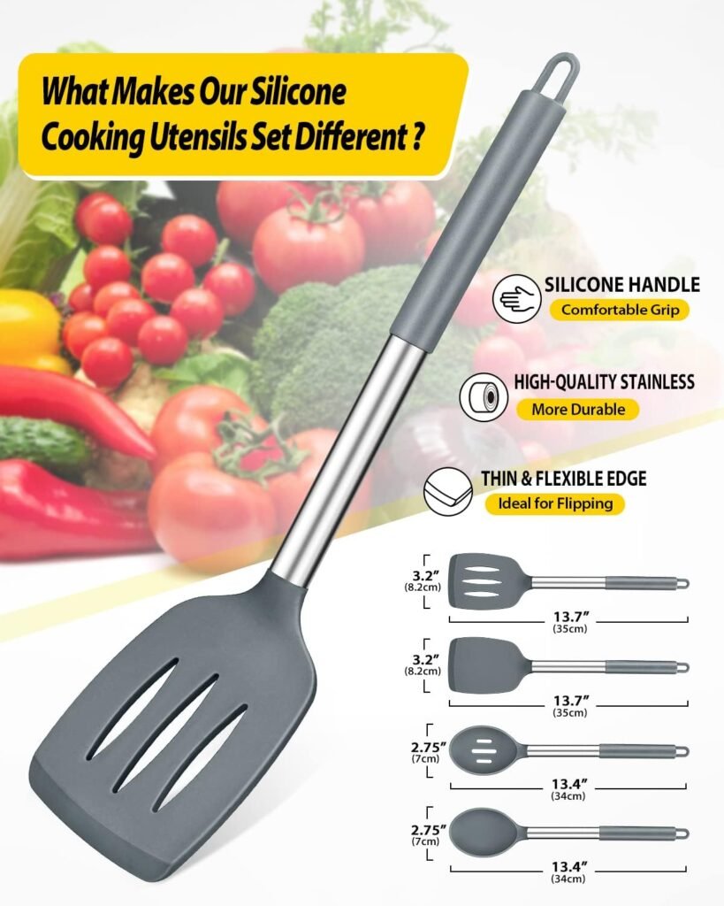 Pack of 4 Silicone Cooking Utensils Set, Non Stick Large Solid Spatulas, Heat Resistant Gray Slotted Spoons, Ideal BPA Free Kitchen Turners for Frying, Mixing,Serving,Draining,Turning,Stirring: Home  Kitchen