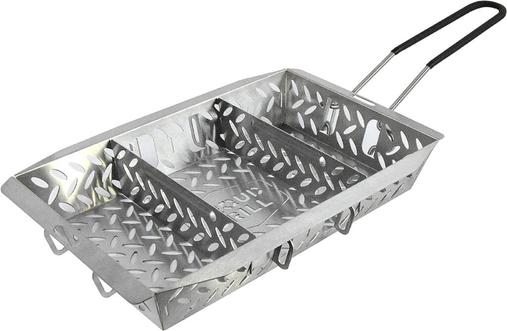 Proud Grill UltraVersatile Stainless Steel Grill Basket - Large BBQ Grill Basket for Grilling Vegetables. Detachable handle and movable dividers. Perfect Grill Accessory to grill veggies, fish, meat.