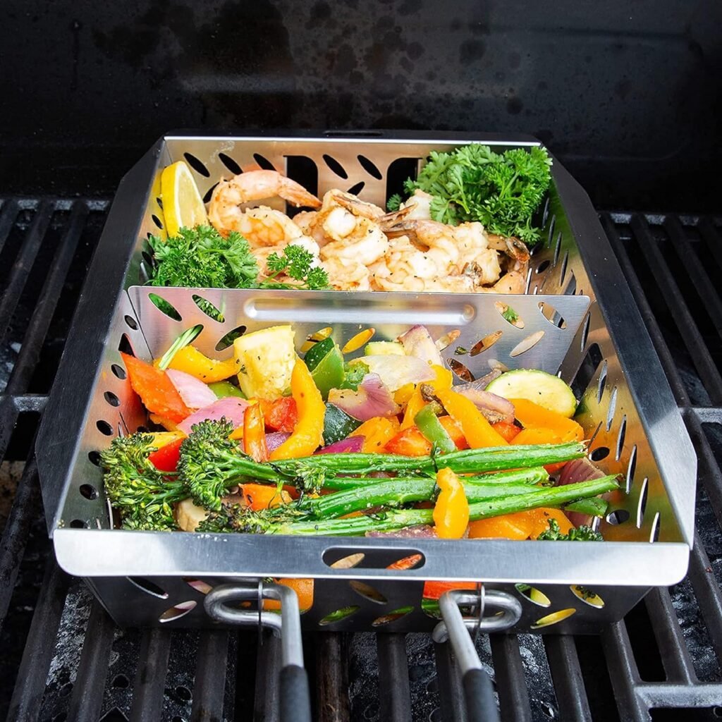 Proud Grill UltraVersatile Stainless Steel Grill Basket - Large BBQ Grill Basket for Grilling Vegetables. Detachable handle and movable dividers. Perfect Grill Accessory to grill veggies, fish, meat.