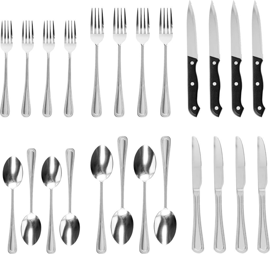 QOUTIQUE 24 Piece Stainless Steel Flatware, Beaded, Service for 4 Silverware Set Cutlery Set Utensils, for Home Kitchen, Include Knives Spoons Forks Steak Knives, Mirror Polished, Dishwasher Safe