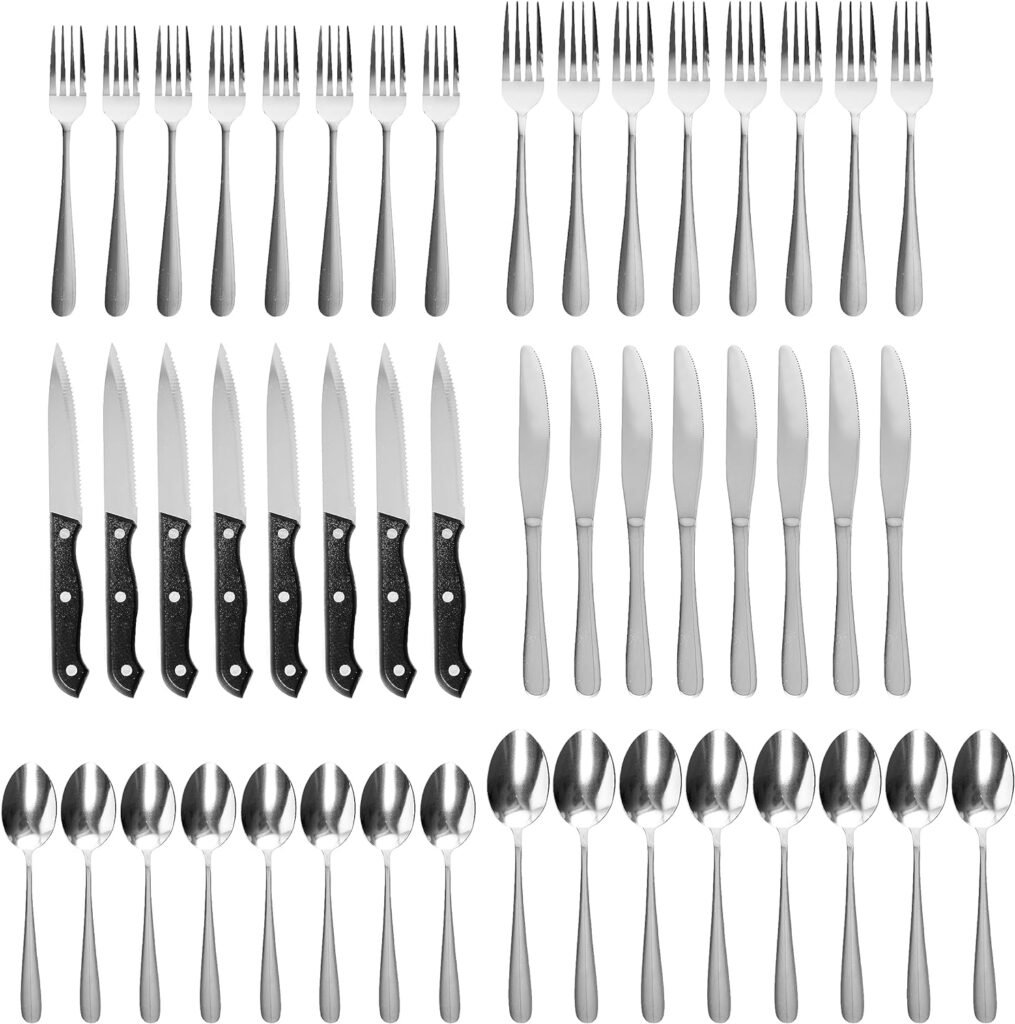 QOUTIQUE 24 Piece Stainless Steel Flatware, Beaded, Service for 4 Silverware Set Cutlery Set Utensils, for Home Kitchen, Include Knives Spoons Forks Steak Knives, Mirror Polished, Dishwasher Safe