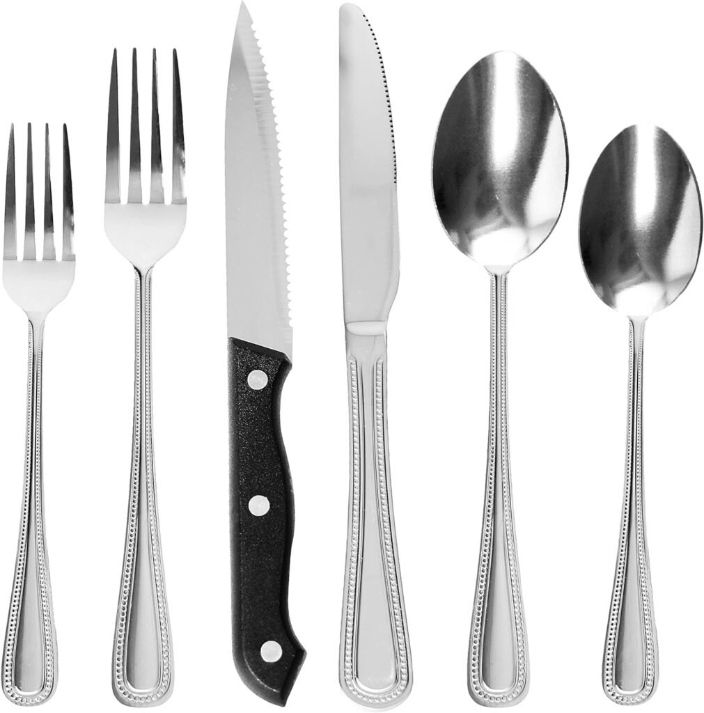 QOUTIQUE 24 Piece Stainless Steel Flatware, Beaded, Service for 4 Silverware Set Cutlery Set Utensils, for Home Kitchen, Include Knives Spoons Forks Steak Knives, Mirror Polished, Dishwasher Safe