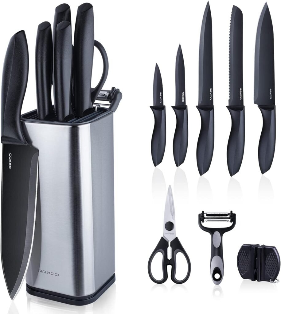 RAXCO 10-in-1 Knife Set with Block and Sharpener - Perfect for Small Kitchens