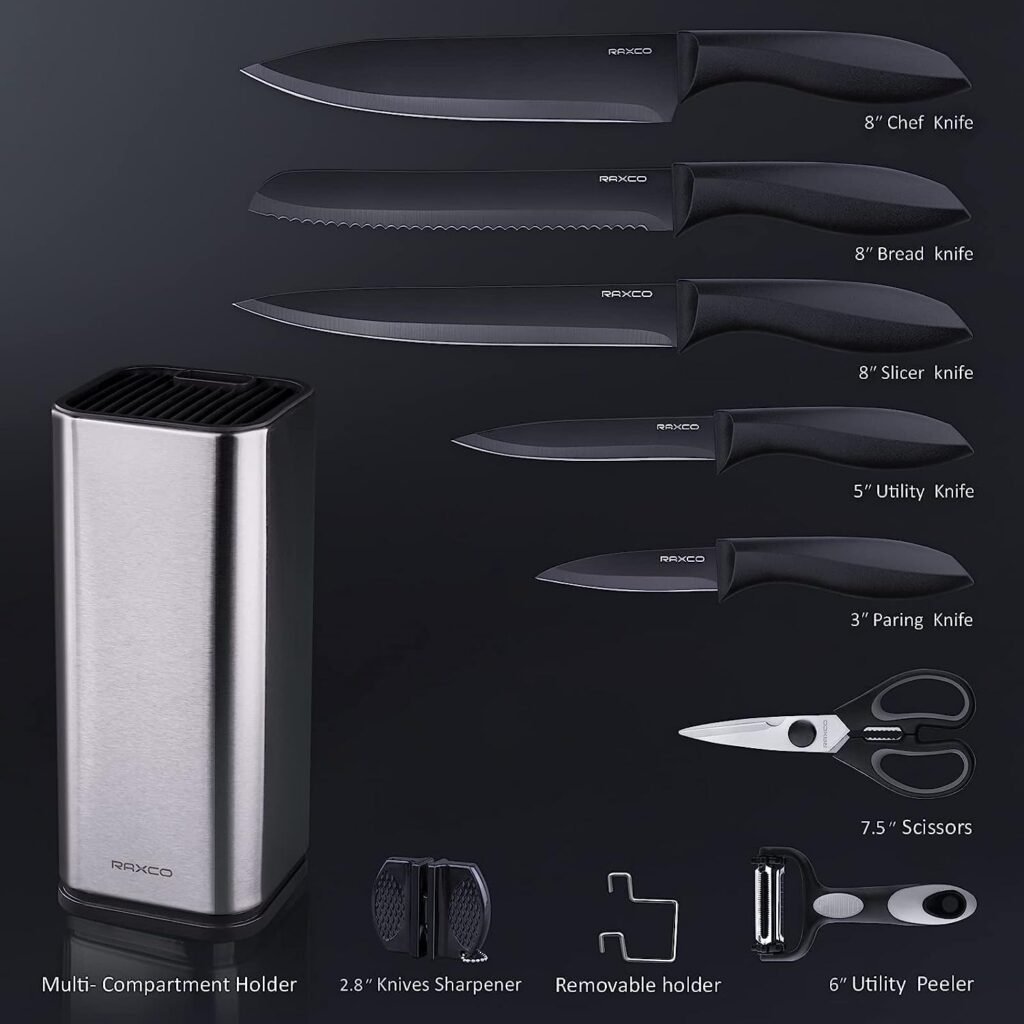 RAXCO 10-in-1 Knife Set with Block and Sharpener - Perfect for Small Kitchens