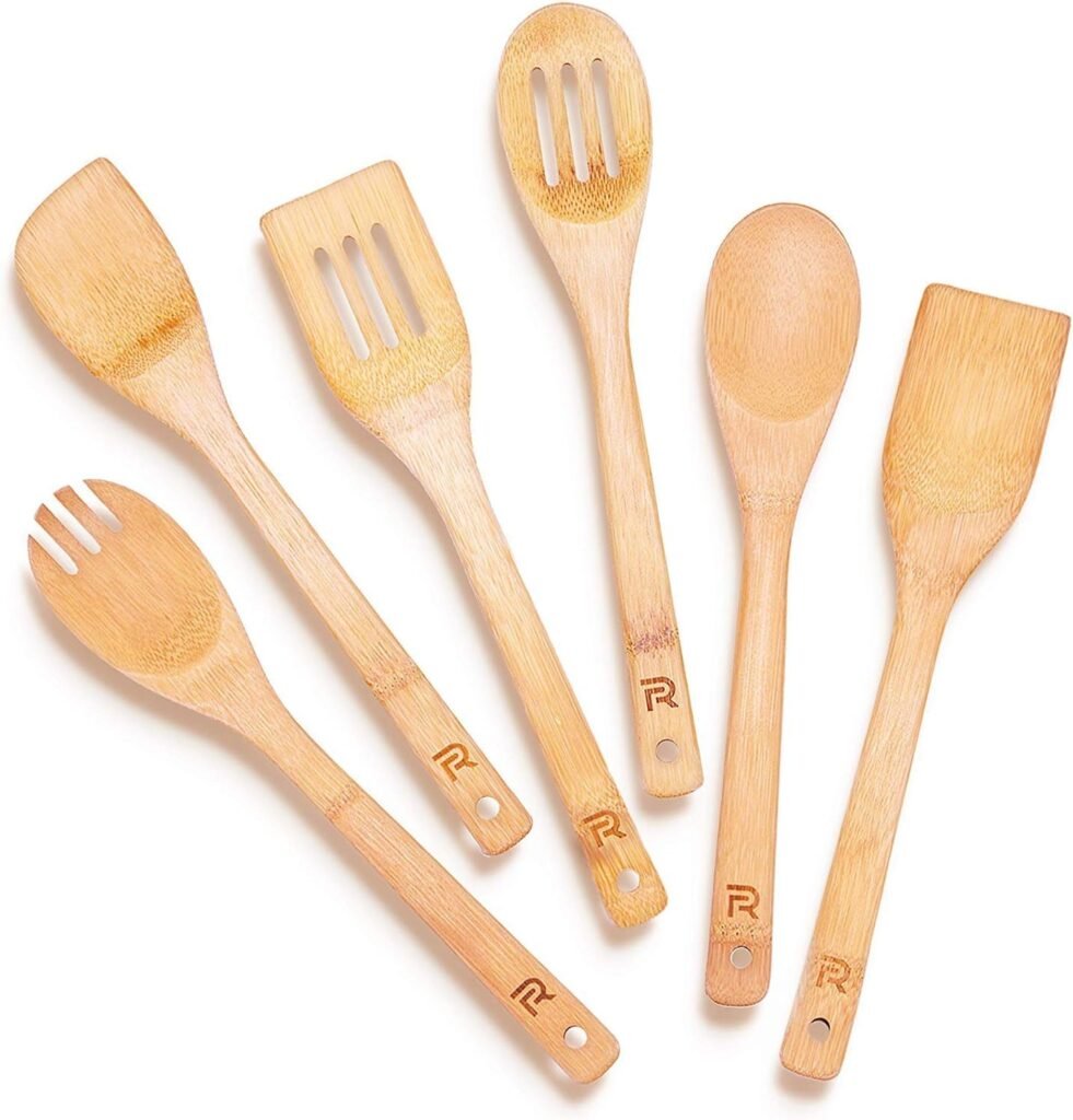 Riveira Bamboo Wooden Spoons for Cooking 6-Piece , Apartment Essentials Wood Spatula Spoon Nonstick Kitchen Utensil Set Premium Quality Housewarming Gifts for Everyday Use