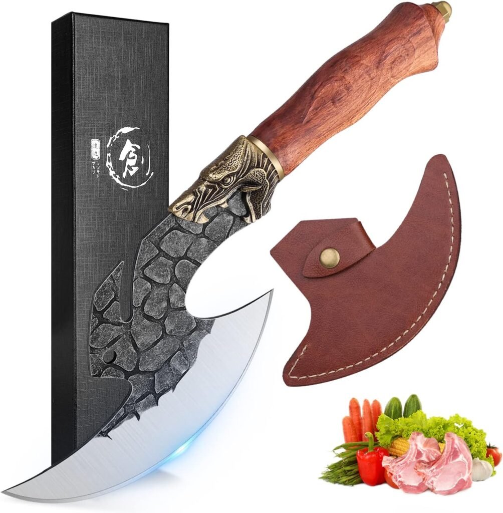 ROCOCO Viking Cleaver Knife Butcher Meat Cutting Boning Knife Hand Forged Chinese Kitchen Axe with Sheath Home Outdoor BBQ Camping Birthday Thanksgiving Christmas Gift Men