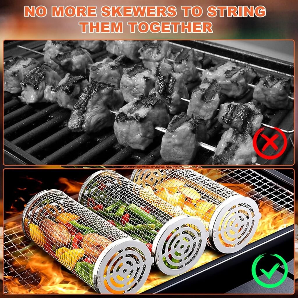 Rolling Grilling Baskets Outdoor Accessories Stainless Steel Cylinder Tubes Vegetable Cage Veggie Grill Bbq Basket Nets Veggies Barbecue Round Net Cylinders Barbeque Kabob Fish Meat Gear Gift （2pcs）