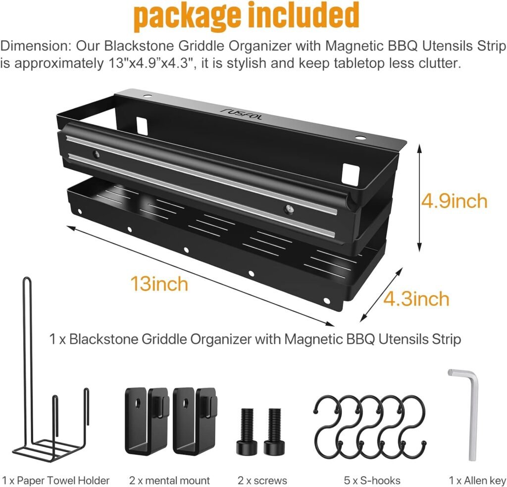 RUSFOL 3-in-1 Stainless Steel Griddle Caddy with Magnetic BBQ Utensil Strip and Paper Towel Holder for 28/36 Blackstone Griddles,Space Saving BBQ Accessories Storage Box,Easy installFree from Drill