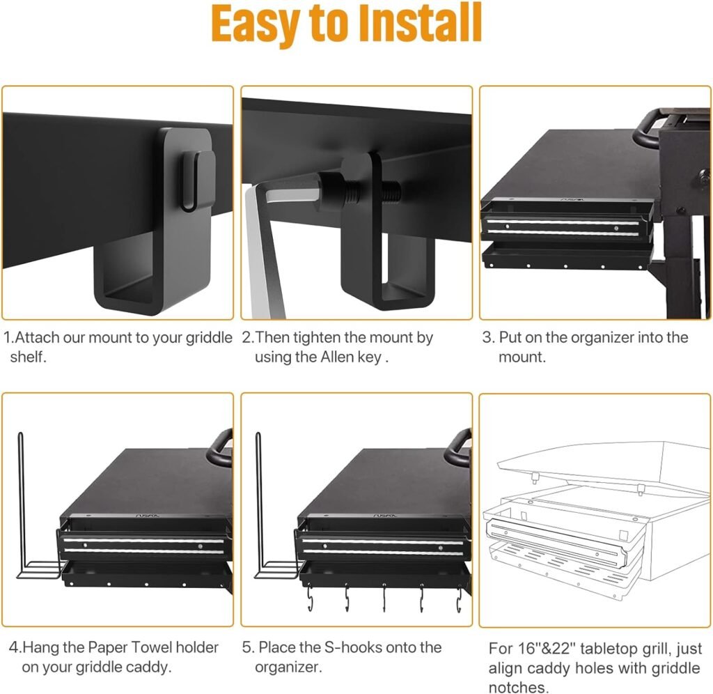 RUSFOL 3-in-1 Stainless Steel Griddle Caddy with Magnetic BBQ Utensil Strip and Paper Towel Holder for 28/36 Blackstone Griddles,Space Saving BBQ Accessories Storage Box,Easy installFree from Drill