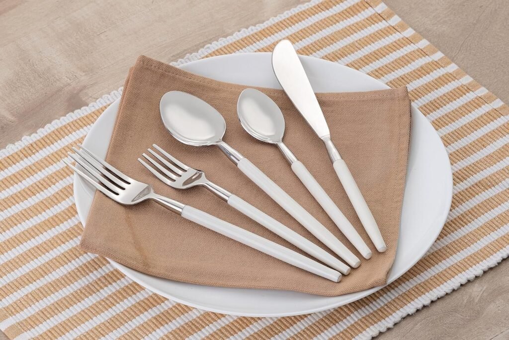 Semantob Cutlery Kitchen Set (White) | Dishwasher Safe Utensil | Enamel Finished, Handcrafted - Limited Collection Kitchenware, Unique | 2 Forks, 2 Spoons, 1 Knife Eating Utensils